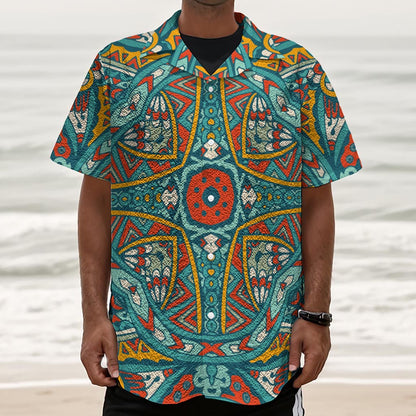 Teal Bohemian Mandala Pattern Print Textured Short Sleeve Shirt