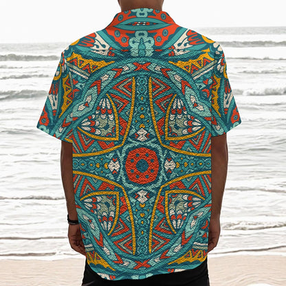 Teal Bohemian Mandala Pattern Print Textured Short Sleeve Shirt