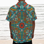 Teal Bohemian Mandala Pattern Print Textured Short Sleeve Shirt
