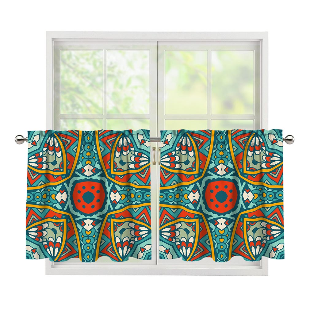Teal Bohemian Mandala Pattern Print Tier Curtains