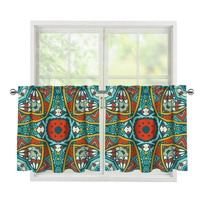 Teal Bohemian Mandala Pattern Print Tier Curtains