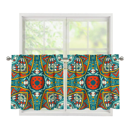Teal Bohemian Mandala Pattern Print Tier Curtains