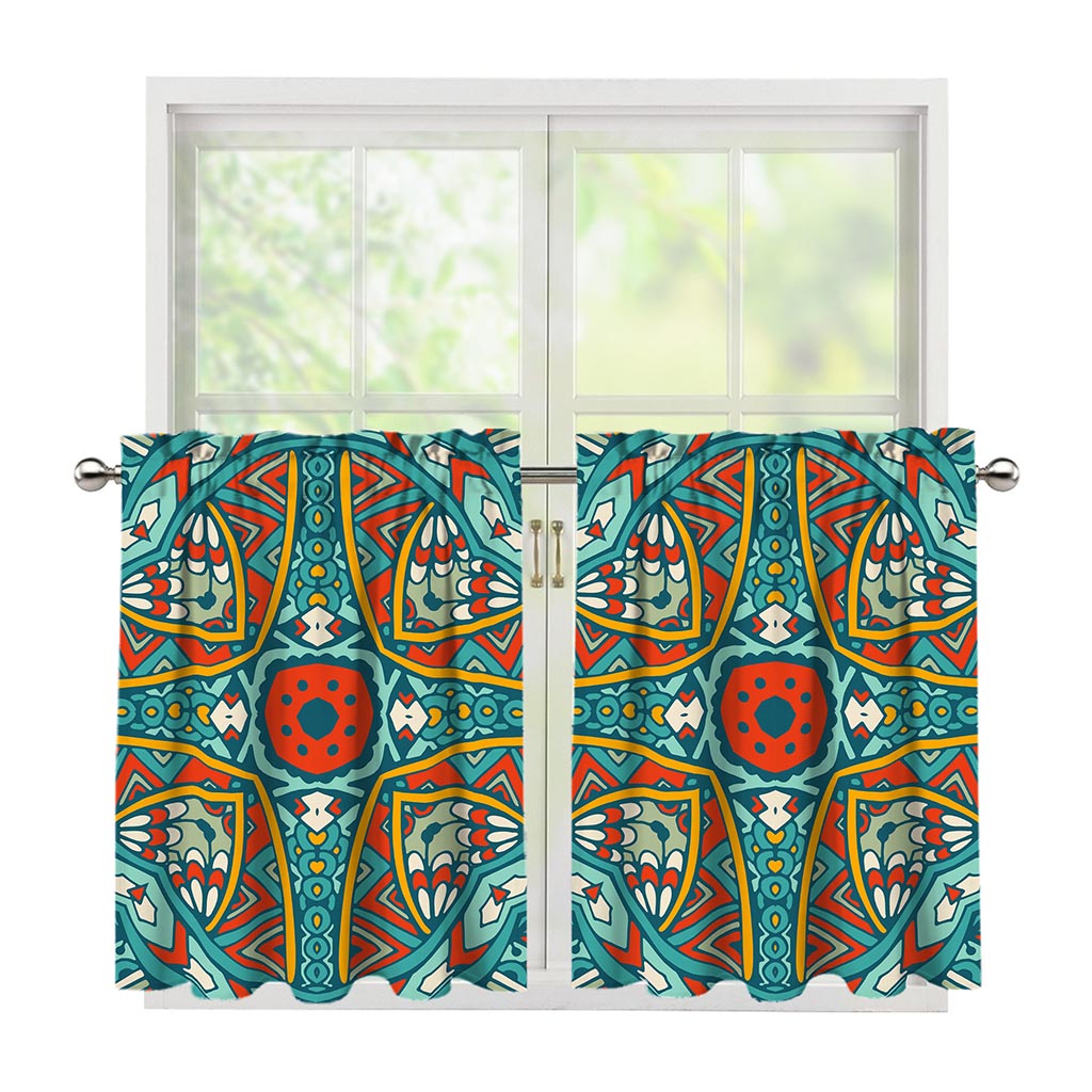 Teal Bohemian Mandala Pattern Print Tier Curtains