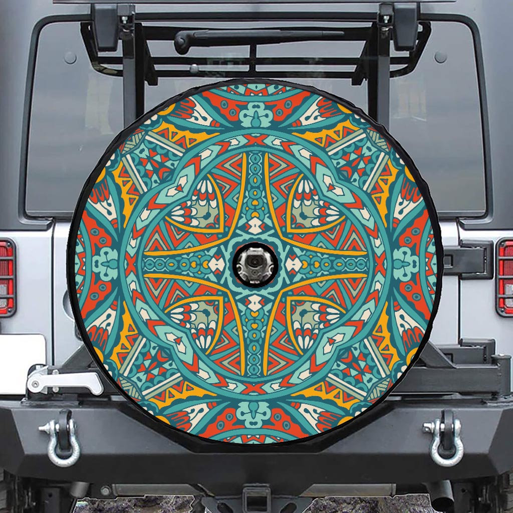 Teal Bohemian Mandala Pattern Print Tire Cover With Camera Hole