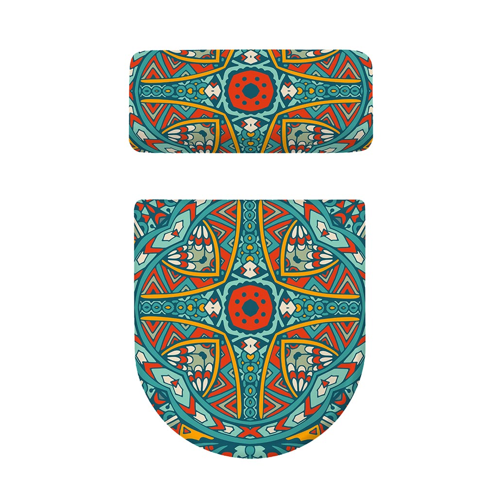 Teal Bohemian Mandala Pattern Print Toilet Lid And Tank Cover Set