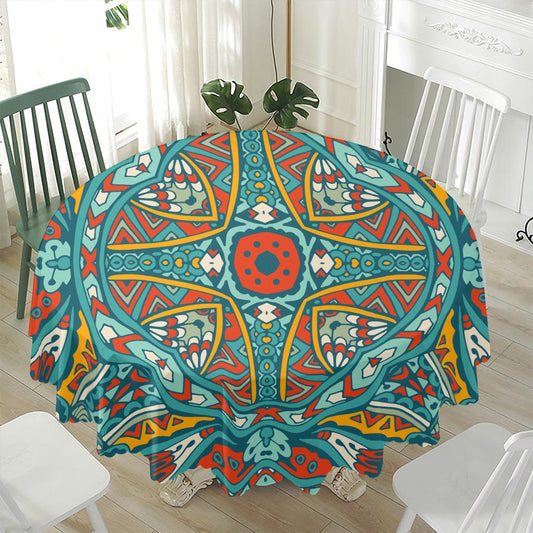 Teal Bohemian Mandala Pattern Print Waterproof Round Tablecloth