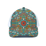 Teal Bohemian Mandala Pattern Print White Mesh Trucker Cap