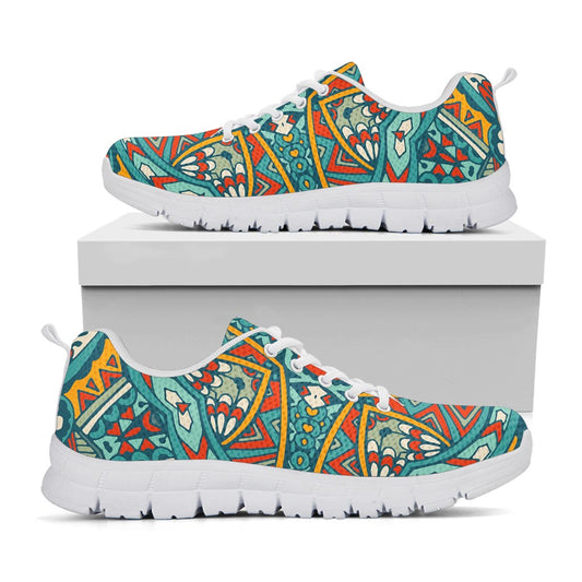 Teal Bohemian Mandala Pattern Print White Running Shoes