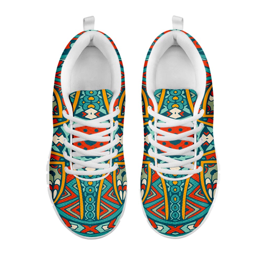 Teal Bohemian Mandala Pattern Print White Running Shoes