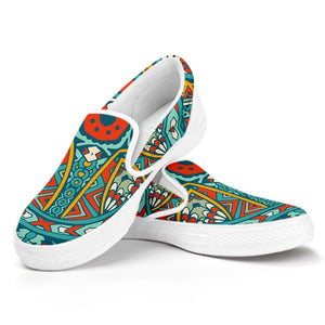 Teal Bohemian Mandala Pattern Print White Slip On Sneakers