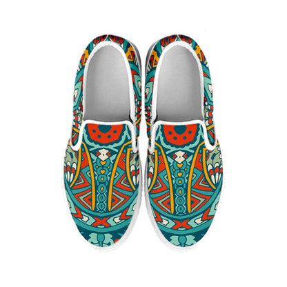 Teal Bohemian Mandala Pattern Print White Slip On Sneakers