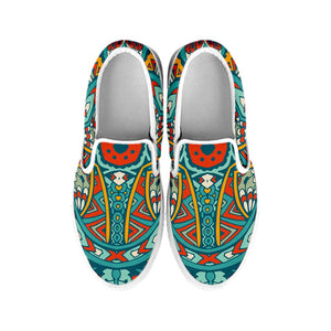 Teal Bohemian Mandala Pattern Print White Slip On Sneakers