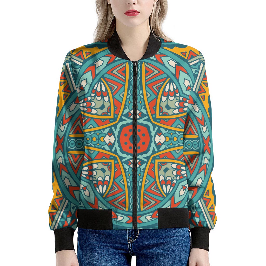 Teal Bohemian Mandala Pattern Print Women's Bomber Jacket