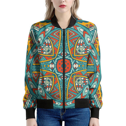 Teal Bohemian Mandala Pattern Print Women's Bomber Jacket
