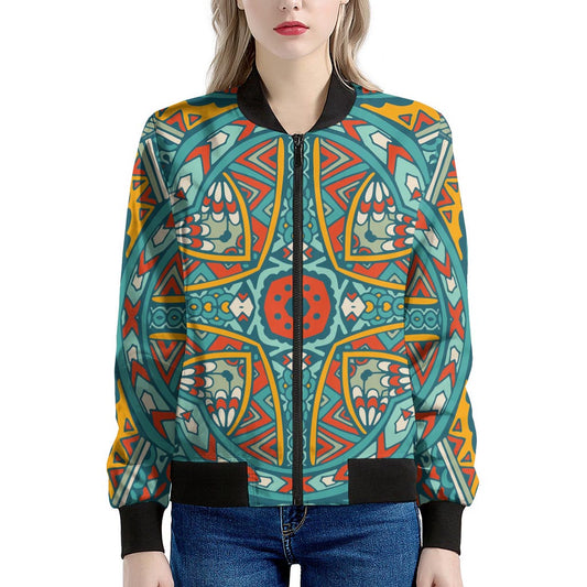 Teal Bohemian Mandala Pattern Print Women's Bomber Jacket