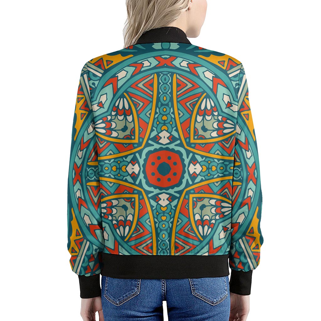 Teal Bohemian Mandala Pattern Print Women's Bomber Jacket