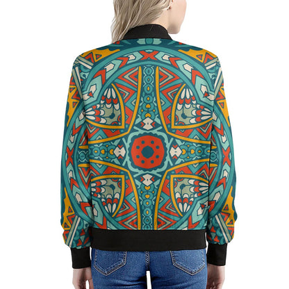 Teal Bohemian Mandala Pattern Print Women's Bomber Jacket
