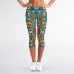 Teal Bohemian Mandala Pattern Print Women's Capri Leggings