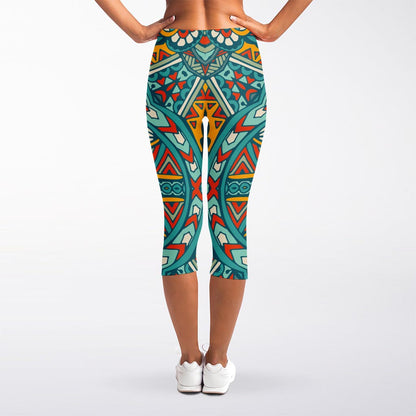 Teal Bohemian Mandala Pattern Print Women's Capri Leggings
