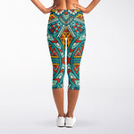 Teal Bohemian Mandala Pattern Print Women's Capri Leggings
