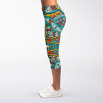 Teal Bohemian Mandala Pattern Print Women's Capri Leggings