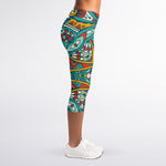 Teal Bohemian Mandala Pattern Print Women's Capri Leggings