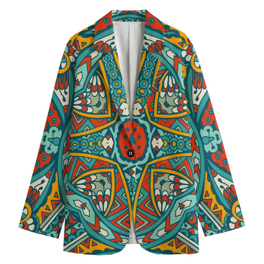 Teal Bohemian Mandala Pattern Print Women's Cotton Blazer