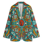 Teal Bohemian Mandala Pattern Print Women's Cotton Blazer
