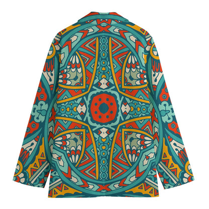 Teal Bohemian Mandala Pattern Print Women's Cotton Blazer