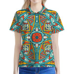 Teal Bohemian Mandala Pattern Print Women's Polo Shirt