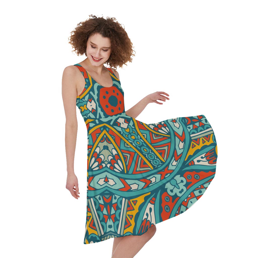 Teal Bohemian Mandala Pattern Print Women's Sleeveless Dress