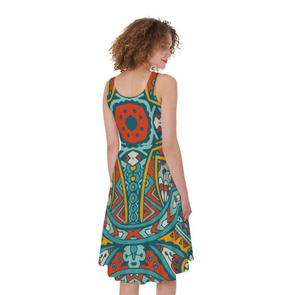 Teal Bohemian Mandala Pattern Print Women's Sleeveless Dress