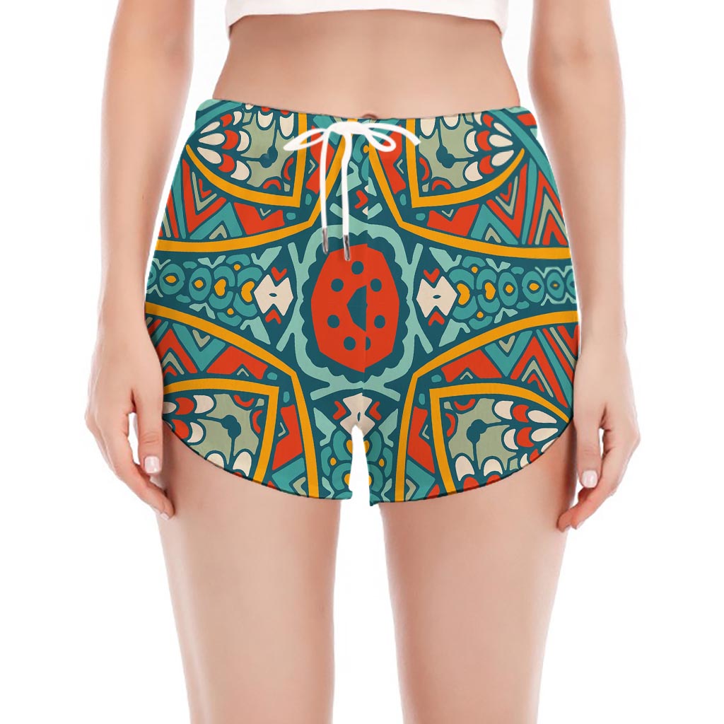 Teal Bohemian Mandala Pattern Print Women's Split Running Shorts