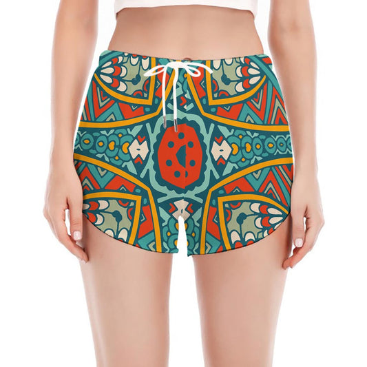 Teal Bohemian Mandala Pattern Print Women's Split Running Shorts