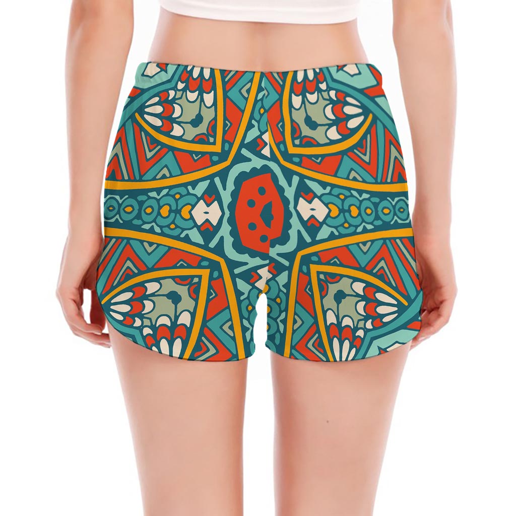 Teal Bohemian Mandala Pattern Print Women's Split Running Shorts