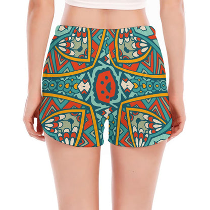 Teal Bohemian Mandala Pattern Print Women's Split Running Shorts