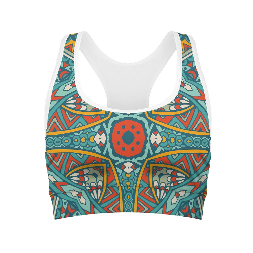Teal Bohemian Mandala Pattern Print Women's Sports Bra