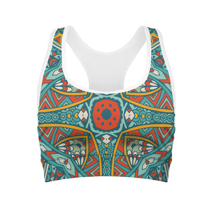 Teal Bohemian Mandala Pattern Print Women's Sports Bra