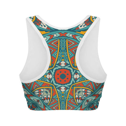 Teal Bohemian Mandala Pattern Print Women's Sports Bra