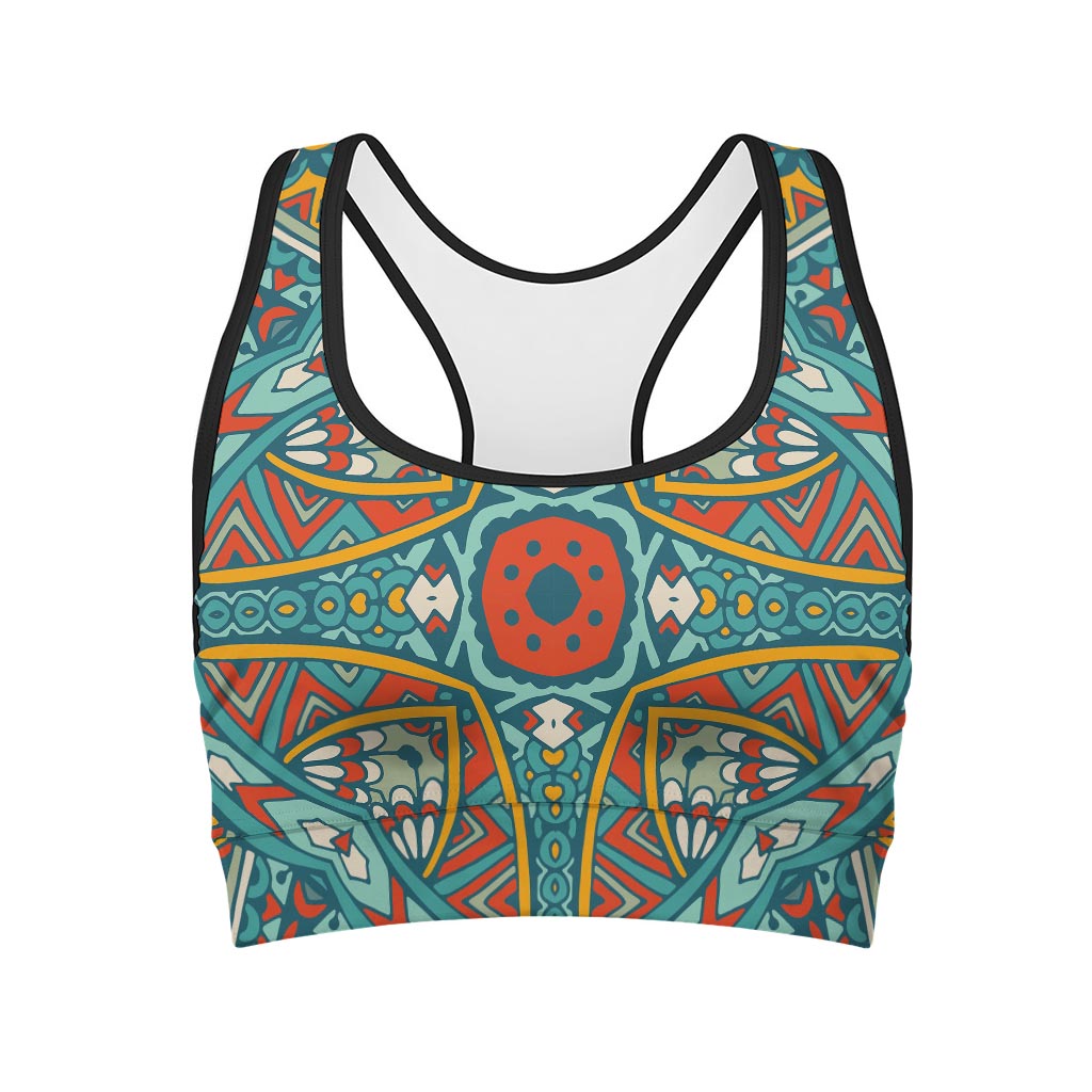 Teal Bohemian Mandala Pattern Print Women's Sports Bra