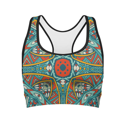 Teal Bohemian Mandala Pattern Print Women's Sports Bra