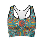 Teal Bohemian Mandala Pattern Print Women's Sports Bra
