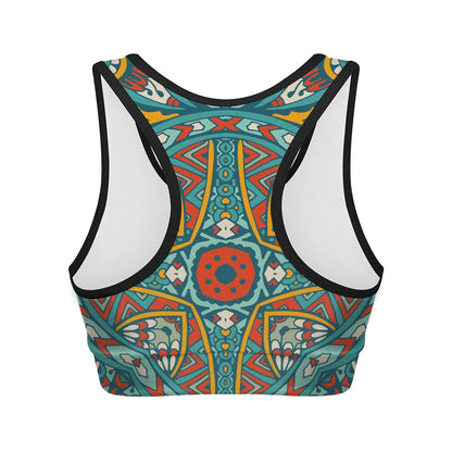 Teal Bohemian Mandala Pattern Print Women's Sports Bra