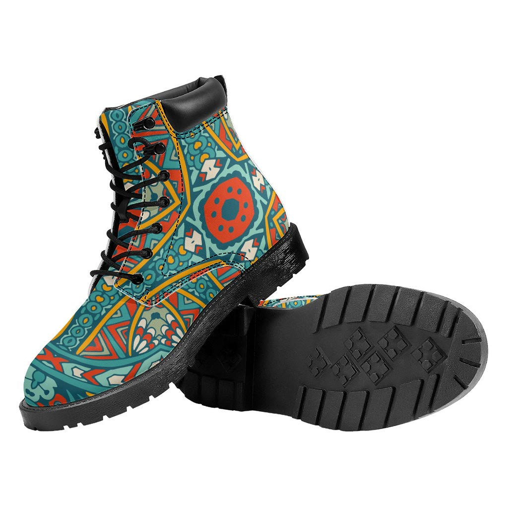 Teal Bohemian Mandala Pattern Print Work Boots