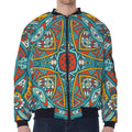 Teal Bohemian Mandala Pattern Print Zip Sleeve Bomber Jacket