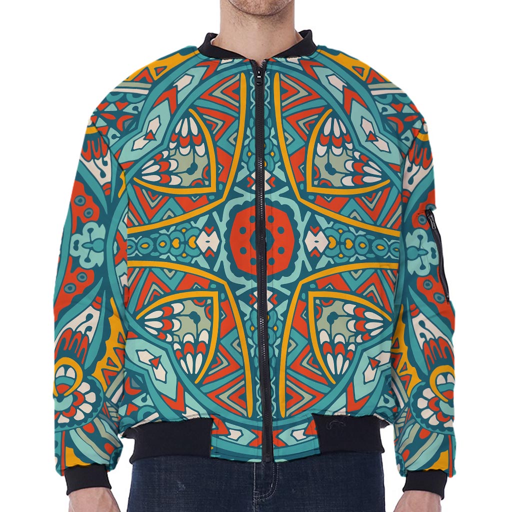 Teal Bohemian Mandala Pattern Print Zip Sleeve Bomber Jacket