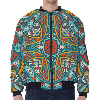 Teal Bohemian Mandala Pattern Print Zip Sleeve Bomber Jacket