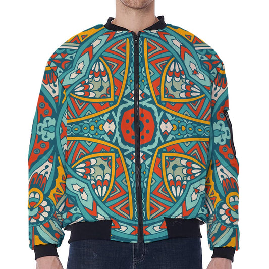 Teal Bohemian Mandala Pattern Print Zip Sleeve Bomber Jacket