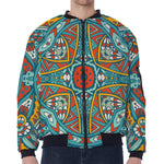 Teal Bohemian Mandala Pattern Print Zip Sleeve Bomber Jacket