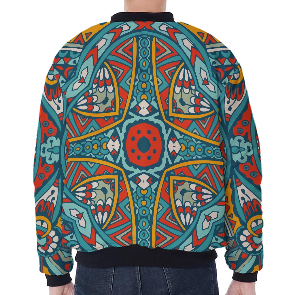 Teal Bohemian Mandala Pattern Print Zip Sleeve Bomber Jacket